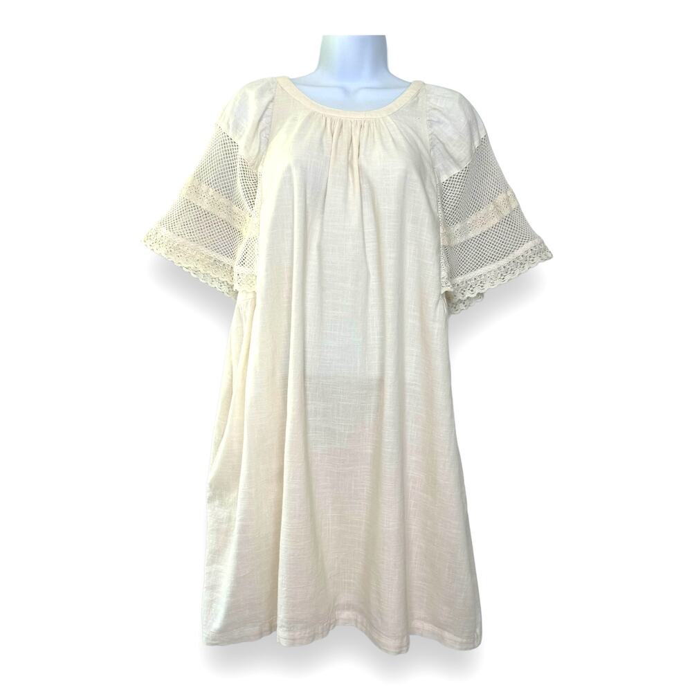 Mesh Lace Flutter Sleeve Mini Dress M Cream Pockets Cottage Coquette